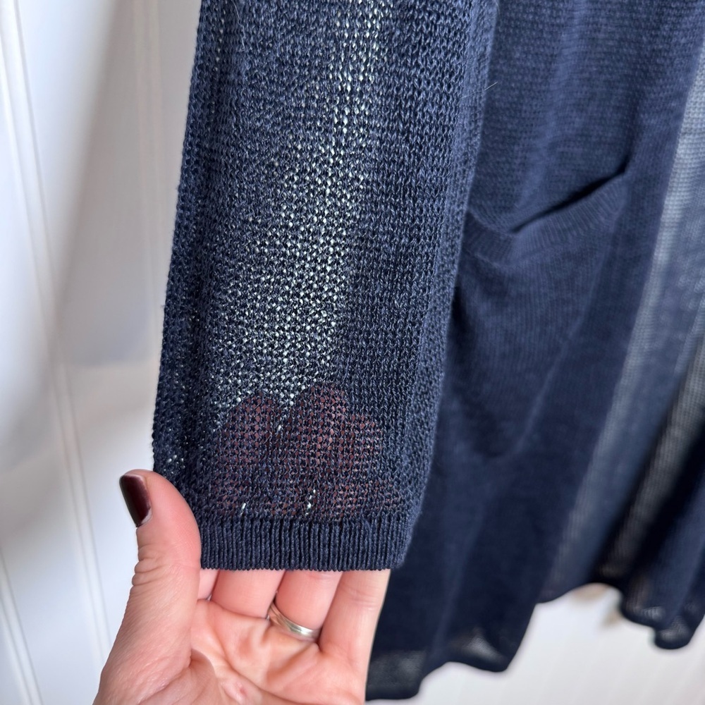 J. Jill Linen Blend Open Front Long Cardigan Navy Blue Pockets Womens Size Large - Picture 3 of 12
